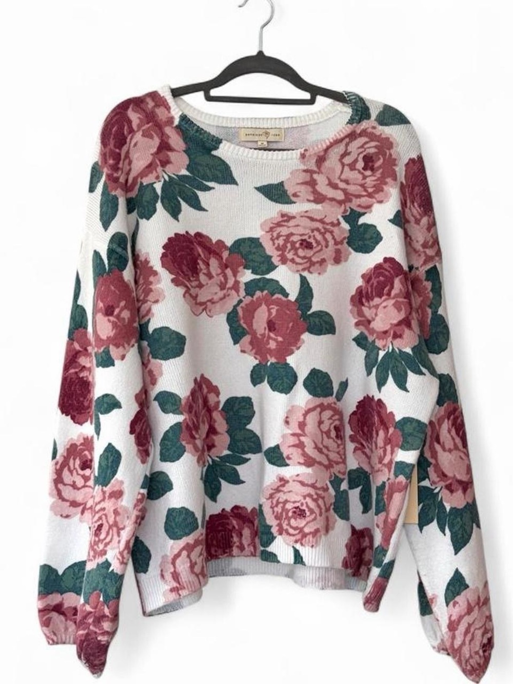 Floral Crewneck Sweater - White with Pink Rose Print